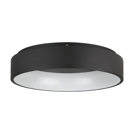 Marghera 2 LED Flush Ceiling Light, 59.5cm round black steel drum fixture with white plastic diffuser, shown on a plain white background.