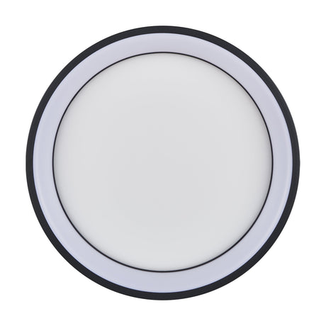 Marghera Smart Colour Changing LED Flush Ceiling Light in black, round design with stepped black steel edge, white plastic diffuser and fine black ring outline, shown on a plain white background.