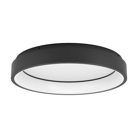 Marghera round LED flush ceiling light in black, featuring a black steel body with stepped edge, white plastic diffuser with fine black inner ring, shown on a plain white background.