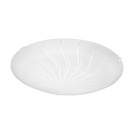 Margitta 1 LED flush ceiling light in white, round frosted glass diffuser with swirling clear line pattern on a white steel body, shown on a plain white background.