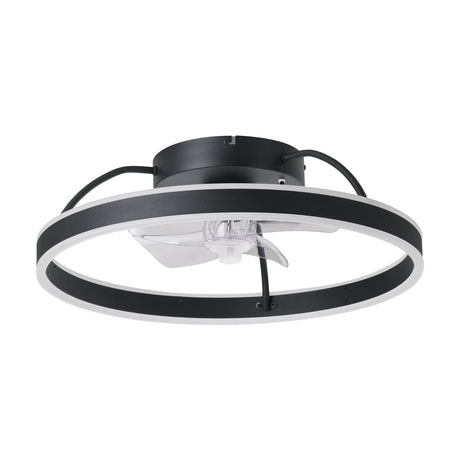 Marinella ceiling fan with light in black steel, featuring a circular ring with opal acrylic diffuser, clear fan blades, and slim canopy mount, shown on a plain white background.