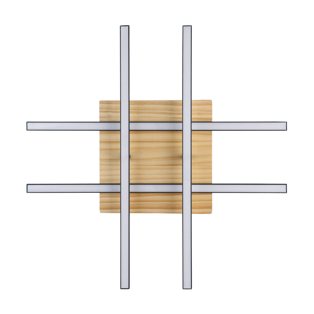 Marinello 1 LED flush ceiling light with four black bars crosshatched over a square wood plate, white diffusers, black and brown finish on a plain background.