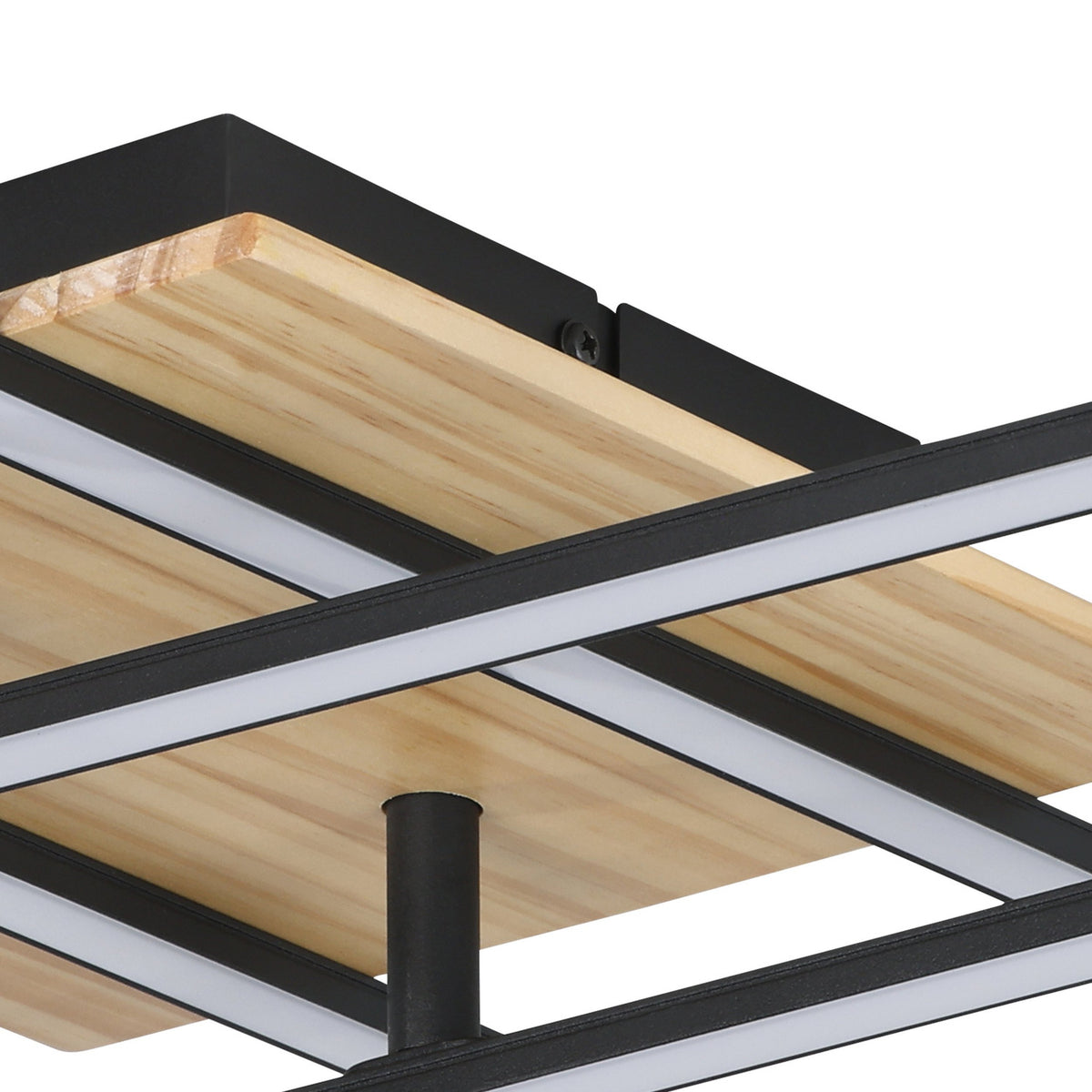 Close-up of the Marinello 1 LED flush ceiling light showing black crosshatched bars with white diffusers over a natural wood panel, on a plain white background.