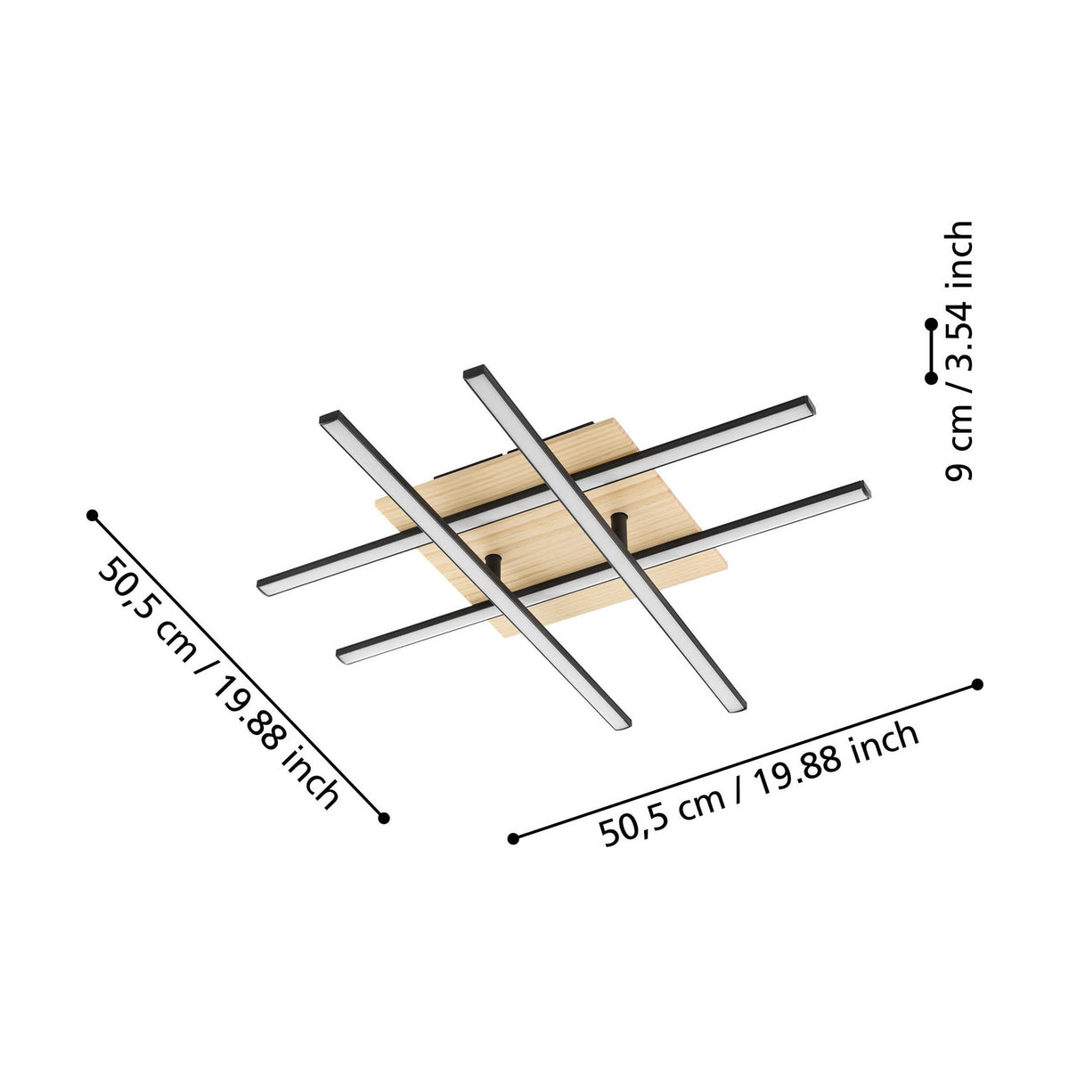 Marinello 1 LED flush ceiling light with four black crosshatch bars over a square wood plate, shown with dimension lines: 50.5cm x 50.5cm x 9cm high.
