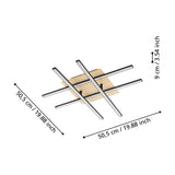 Marinello 1 LED flush ceiling light with four black crosshatch bars over a square wood plate, shown with dimension lines: 50.5cm x 50.5cm x 9cm high.