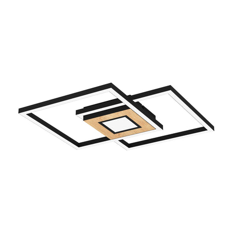 Marinello LED flush ceiling light with two overlapping black square frames, white lit edges, and a central brown wood-grain panel, shown on a plain white background.