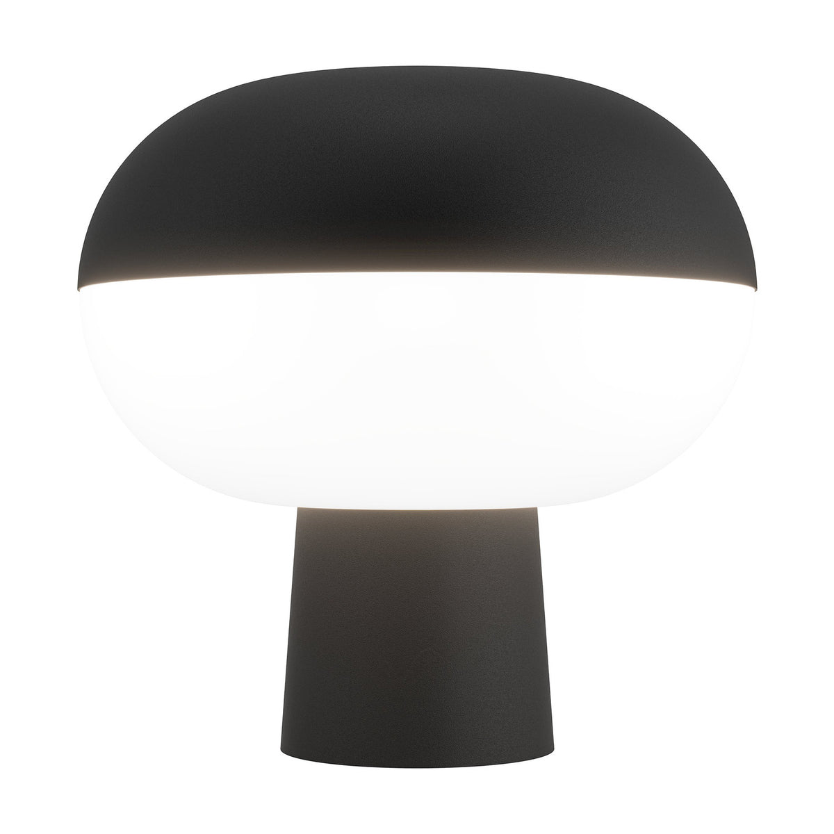 Marini Smart Colour Changing LED Table Lamp in matt black, with a domed top over a glowing white mushroom-shaped shade on a tapered steel base, shown on a plain white background.