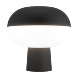 Marini Smart Colour Changing LED Table Lamp in matt black, with a domed top over a glowing white mushroom-shaped shade on a tapered steel base, shown on a plain white background.