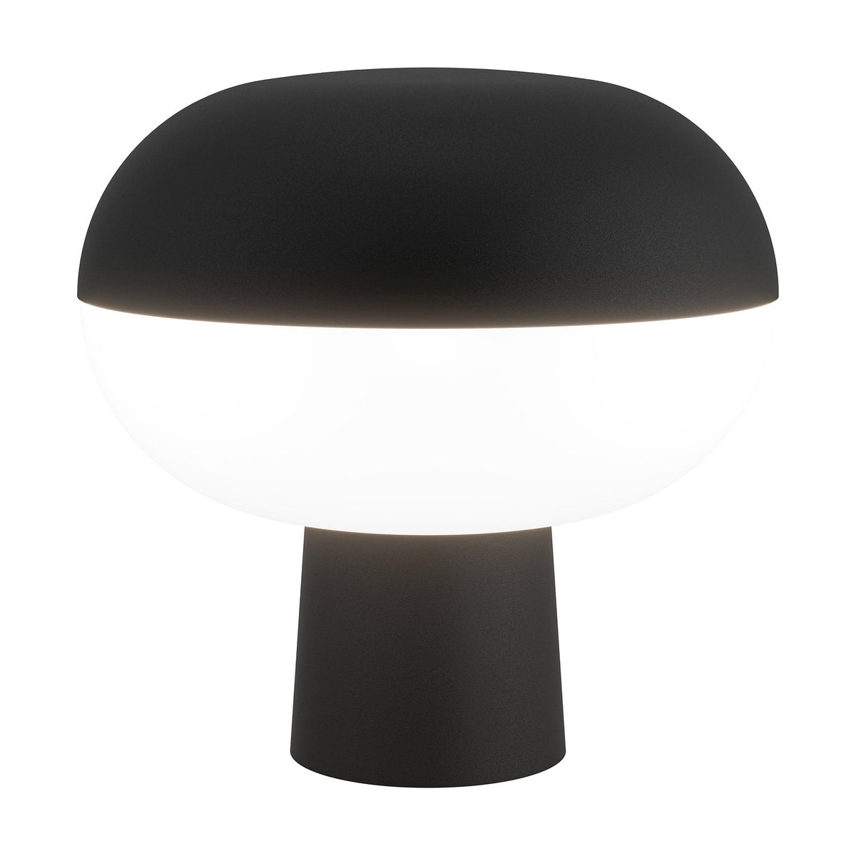 Marini Smart Colour Changing LED Table Lamp in matt black, with a domed top over a glowing white globe shade on a tapered cone base, shown on a plain white background.