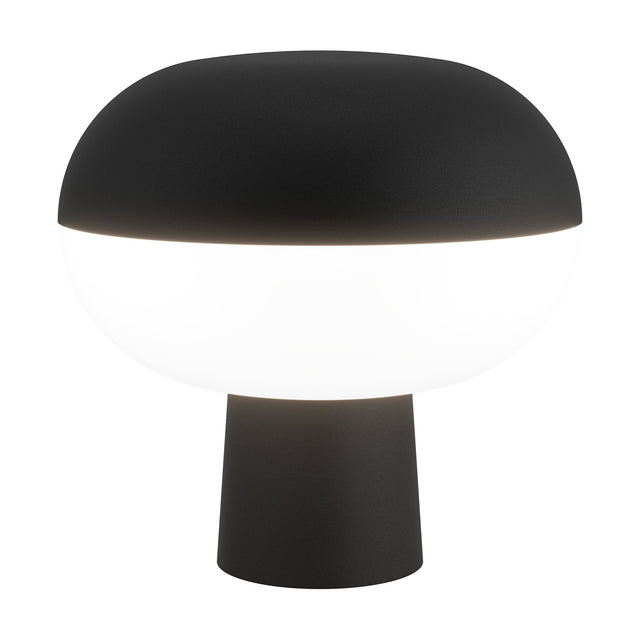 Marini Smart Colour Changing LED Table Lamp in matt black, with a domed top over a glowing white globe shade on a tapered cone base, shown on a plain white background.