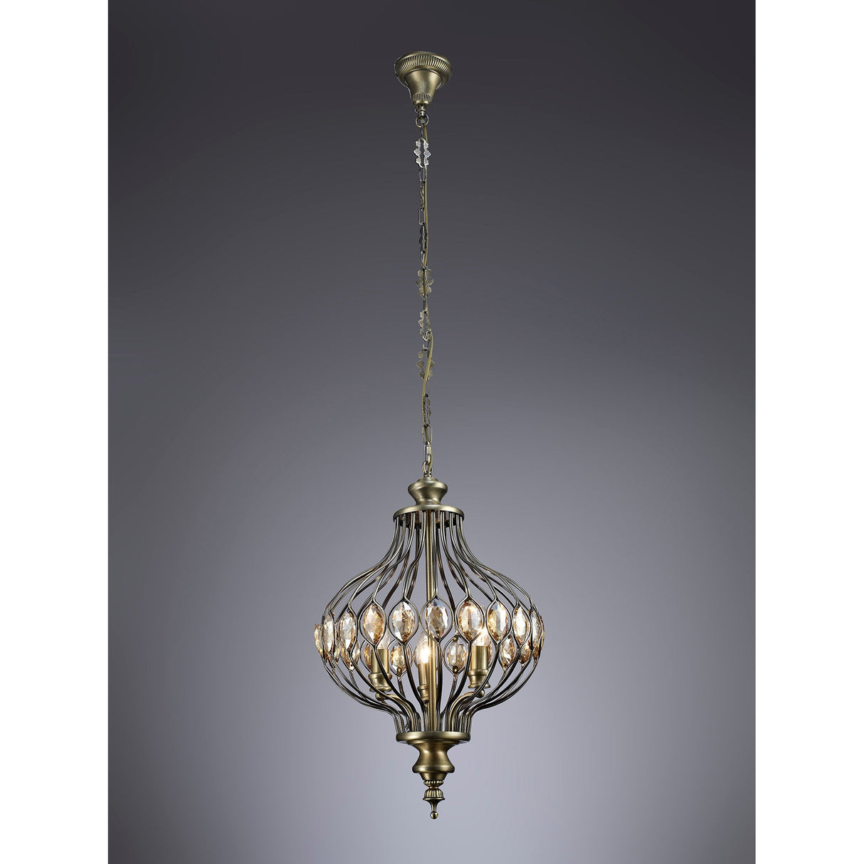 Marisa 3 Light Crystal Pendant Light – Antique Brass
