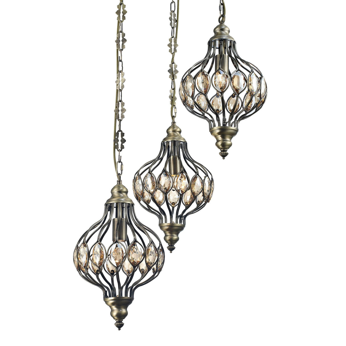 Marisa 3 Light Crystal Cluster Pendant Light - Antique Brass & Amber