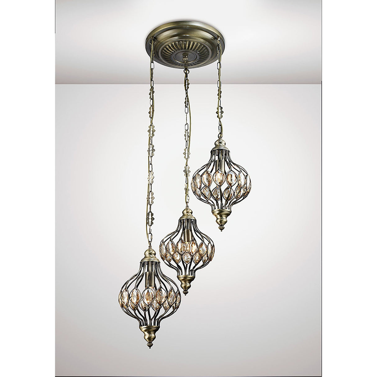 Marisa 3 Light Crystal Cluster Pendant Light - Antique Brass & Amber