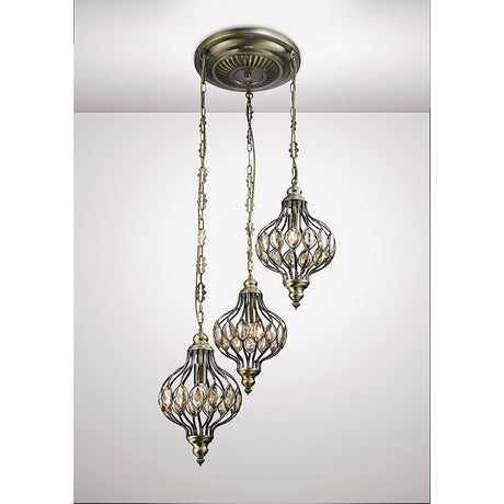 Marisa 3 Light Crystal Cluster Pendant Light - Antique Brass & Amber