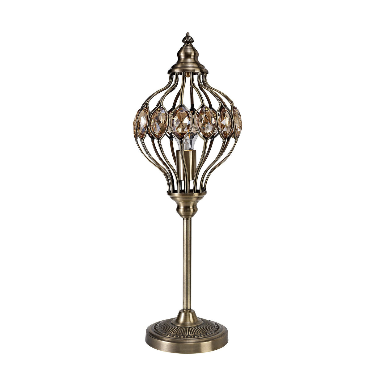 The Marisa 1 Light Crystal Table Lamp features an antique brass finish, a round base, and an ornate metal cage shade adorned with oval amber crystals, capturing the charm of a Middle Eastern lantern in an elegant design.