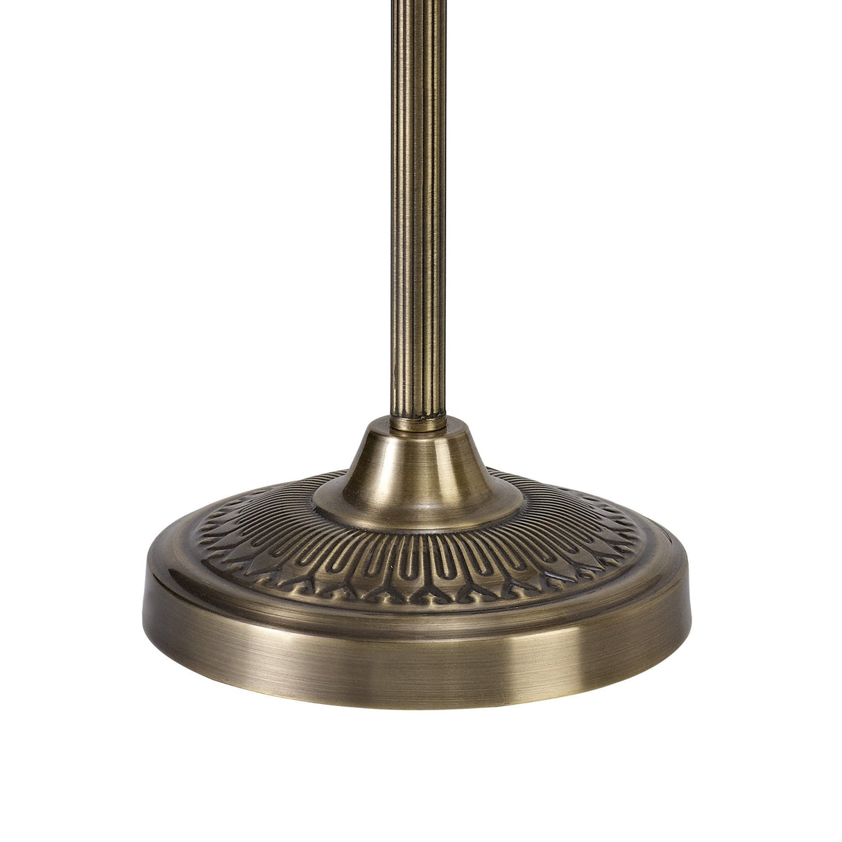 A close-up of the Marisa 1 Light Crystal Table Lamp in antique brass, featuring an ornate engraved base, fluted stem, and amber crystal accents.
