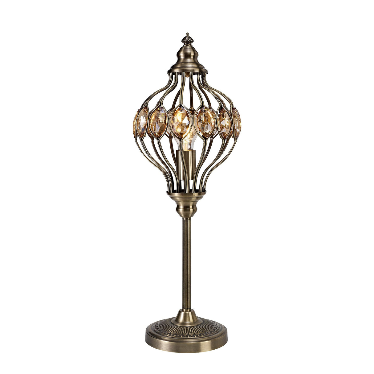 The Marisa 1 Light Crystal Table Lamp features an antique brass finish with an openwork metal cage, amber crystal accents, and a round engraved base—evoking the charm of a Middle Eastern lantern.