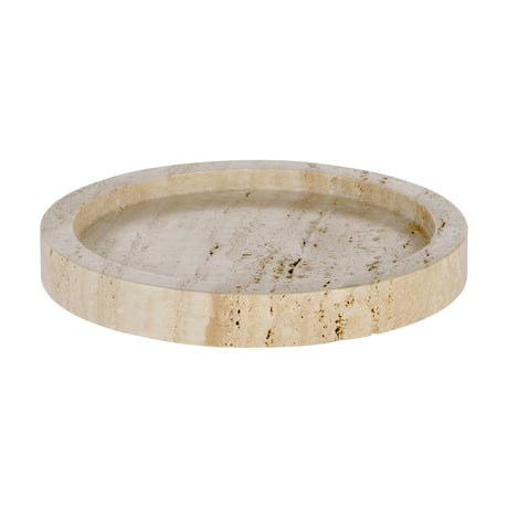 Round Maromandia stone tray in beige, 20cm diameter with a raised rim and natural pitted travertine texture, shown on a plain white background.