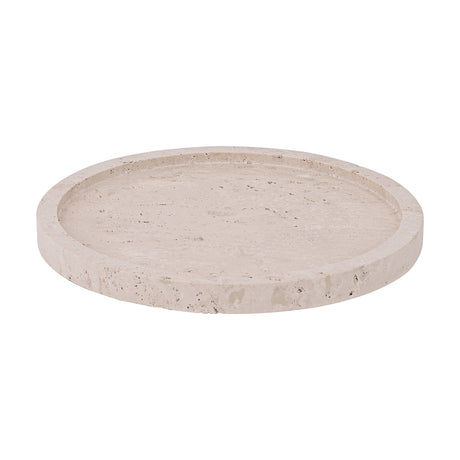 Maromandia Stone Tray 30cm in beige, a round shallow disc with raised rim and natural pitted texture, shown on a plain white background.