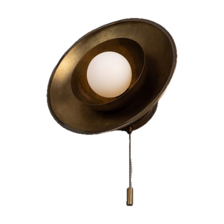 Marrakesh Brass Pull Chain Wall Light with a wide, shallow brass shade and inner cup framing a single opal glass globe, pull chain switch, shown on a white background.