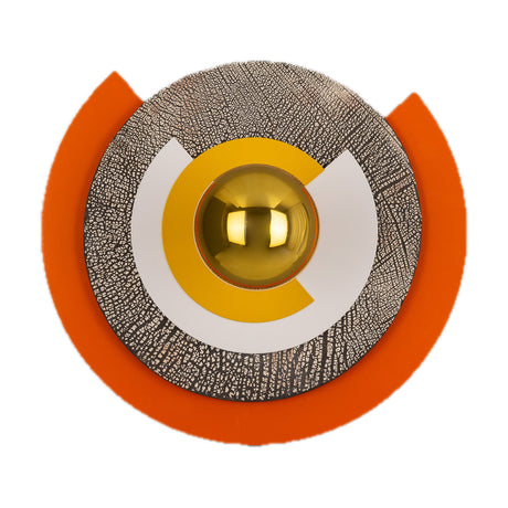 Mars Modern Wall Light, a round layered design with orange outer ring, textured silver disc, yellow and white C-shaped rings, and a central brass bulb, shown on a plain white background.