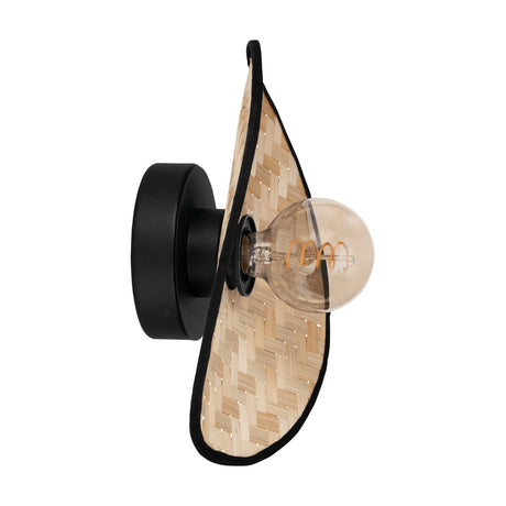 Marywell Wall Light in black features a round steel wall plate and a curved, woven wood shade with black trim, holding an exposed E27 bulb, shown on a plain white background.