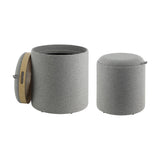 Mashike Stool Set of 2 in grey woven fabric, one open with a reversible wood veneer lid and handles revealing hollow storage, shown on a plain white background.