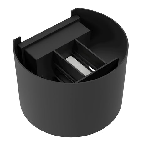 Masmena LED Outdoor Wall Light 13.5cm in black, shown from above revealing its half-round aluminium shell with internal baffles and integrated LED strip, on a plain white background.