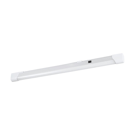 Mattanza LED flush ceiling light, 60cm slim white plastic batten-style strip with an on/off switch and curved end caps, shown on a plain white background.