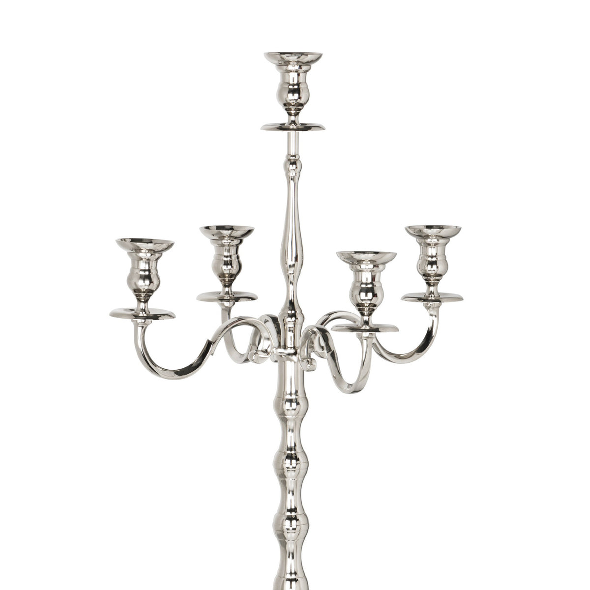 Maxaas Candlestick in polished nickel aluminium, close-up of the five-arm candelabra top with scrolled branches and a ridged central column on a white background.