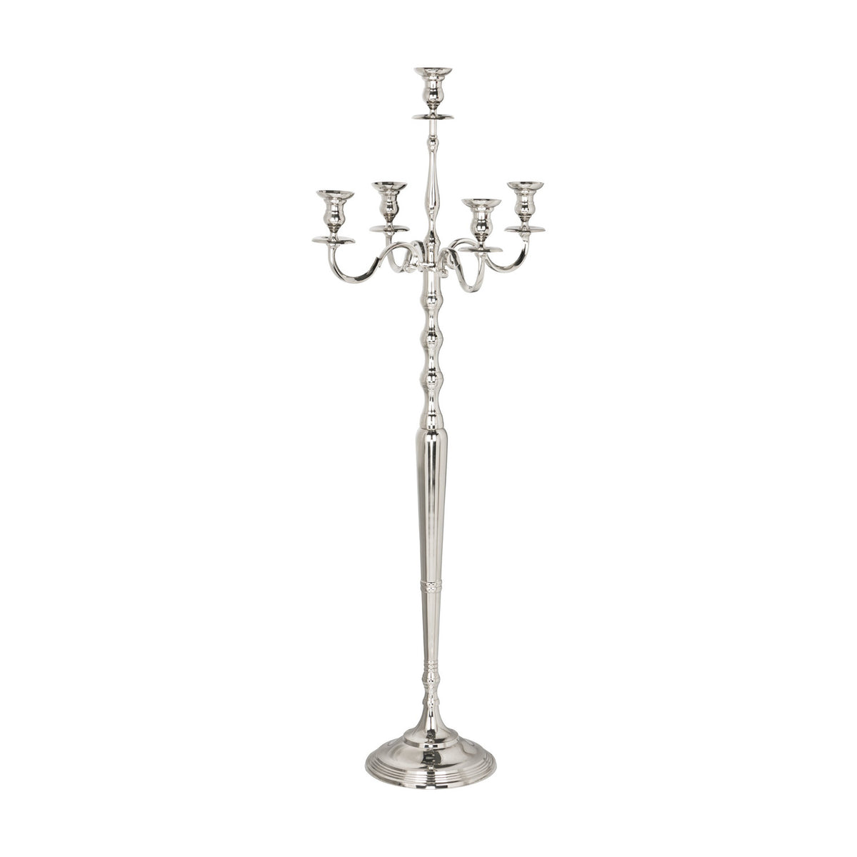 Maxaas Candlestick in Nickel, a tall aluminium floor candelabra with a stepped round base, ringed central column, and five scrolling arms, shown on a plain white background.
