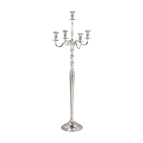 Maxaas Candlestick in Nickel, a tall aluminium floor candelabra with a stepped round base, ringed central column, and five scrolling arms, shown on a plain white background.