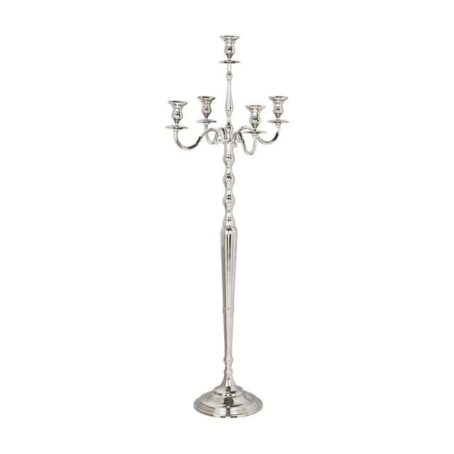 Maxaas Candlestick in Nickel, a tall aluminium floor candelabra with a stepped round base, ringed central column, and five scrolling arms, shown on a plain white background.
