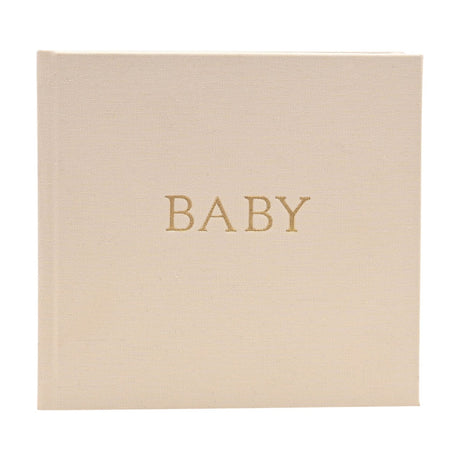 Square baby photo album with cream linen cover and gold "BABY" lettering at centre, shown on a plain white background.