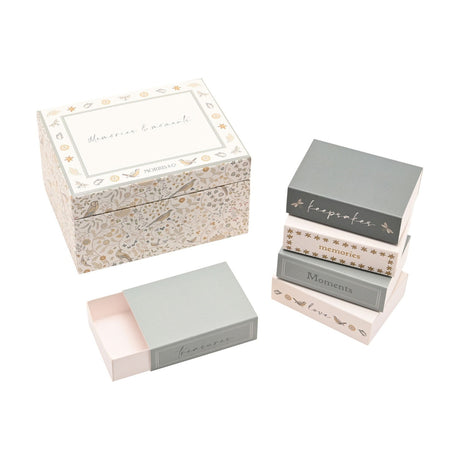 Cream bird and floral print baby keepsake matchbox with five sliding drawers labelled keepsakes, memories, moments, love and treasures, on a white background.