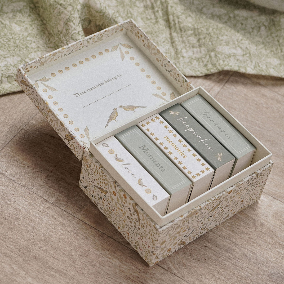 Bird Print Baby Matchbox Keepsake Box with Drawers - Cream