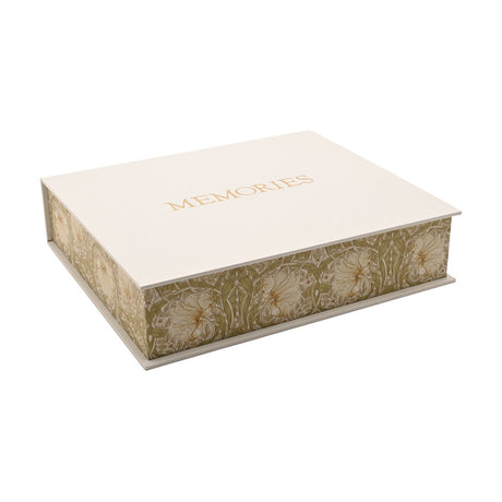 Rectangular keepsake box with cream lid lettered "MEMORIES" in gold and sides wrapped in an olive floral print, shown closed on a white background.