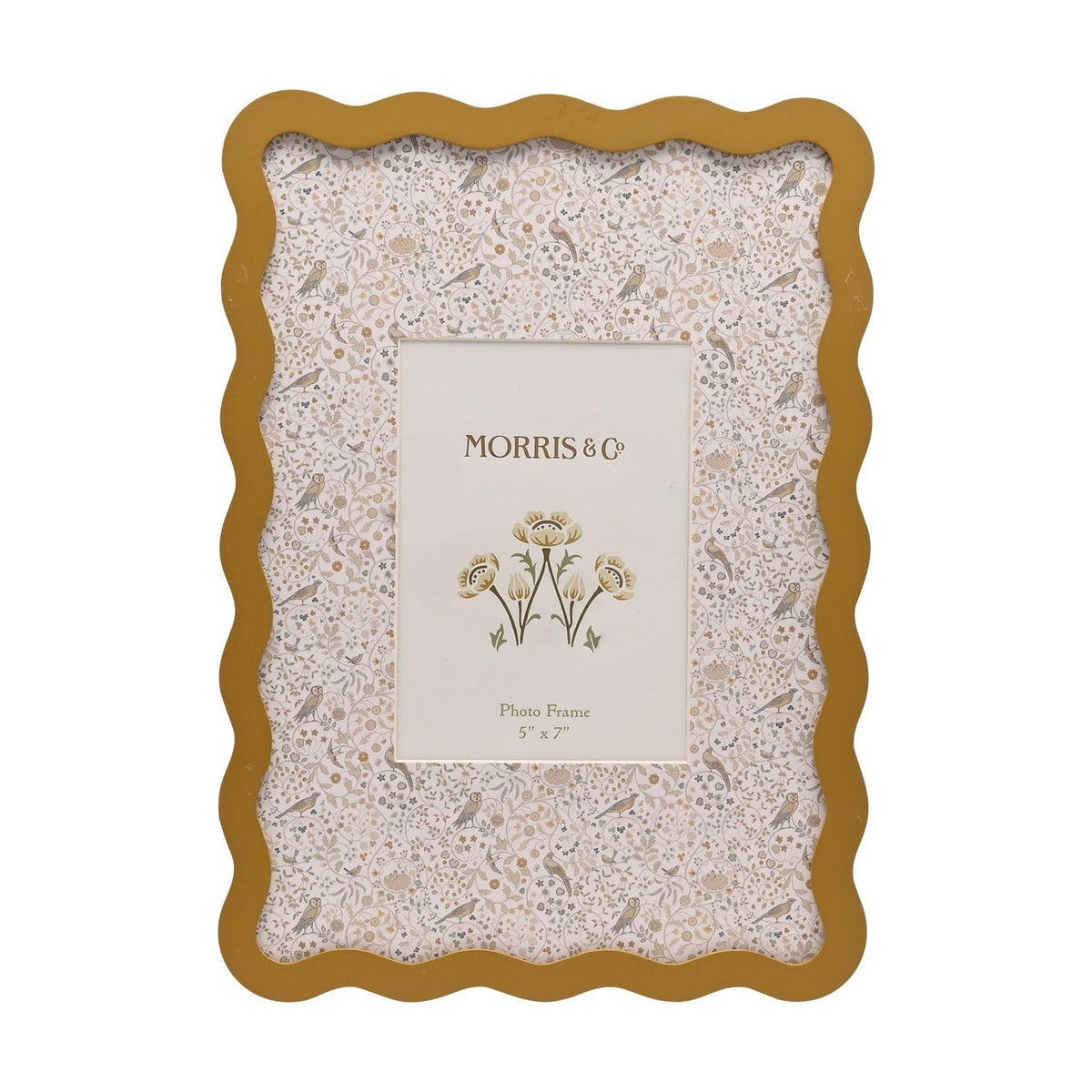 Rectangular metal photo frame with a wavy ochre border, holding a cream mount printed with tiny birds, owls and flowers, for a 7 x 5in photo on a white background.