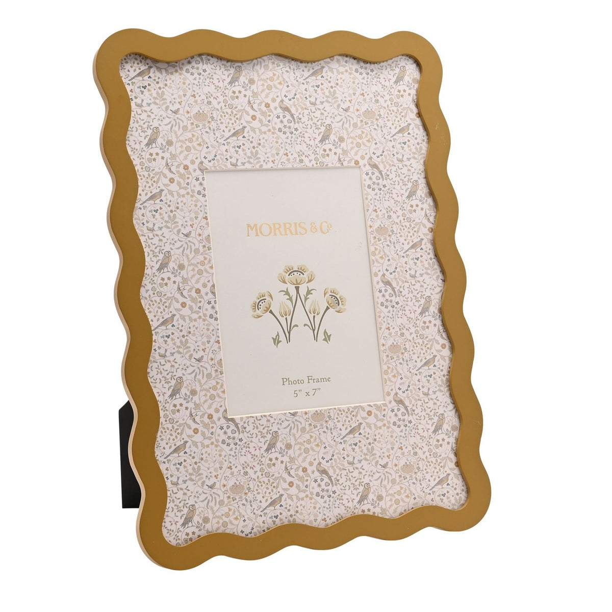 Baby Wiggle Bird Print Metal Photo Frame in ochre with a wavy border, holding a 7 x 5in insert over a cream mount patterned with birds and florals, on a white background.