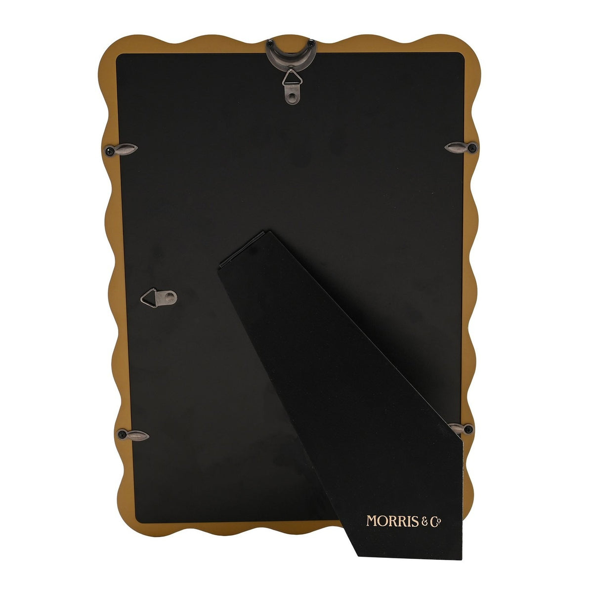 Back view of the Baby Wiggle Bird Print Metal Photo Frame 7 x 5in in Ochre, showing black backing, hanging hooks, metal stand and corner fixings.