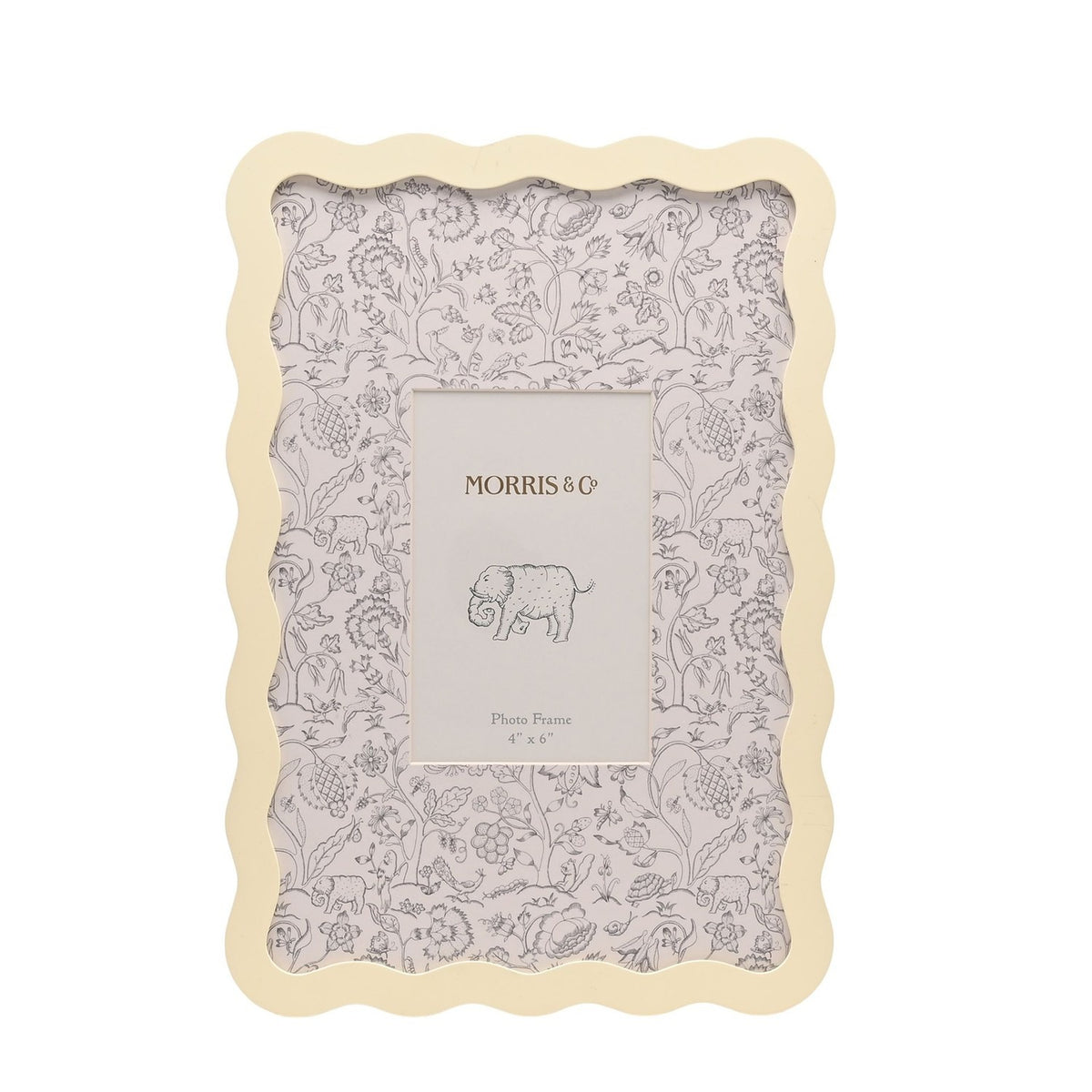 Baby Wiggle rectangular photo frame in cream with a wavy metal border, featuring a botanical mount illustrated with grey florals and animals, shown on a plain white background.