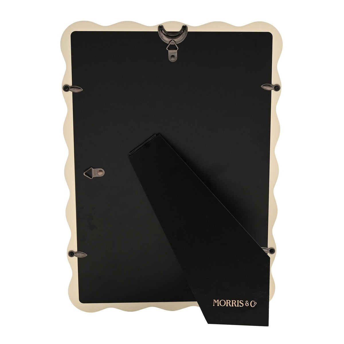 Back view of the Baby Wiggle cream metal photo frame showing a black backing panel, hanging hook, foldout easel stand, and "Morris & Co" branding.