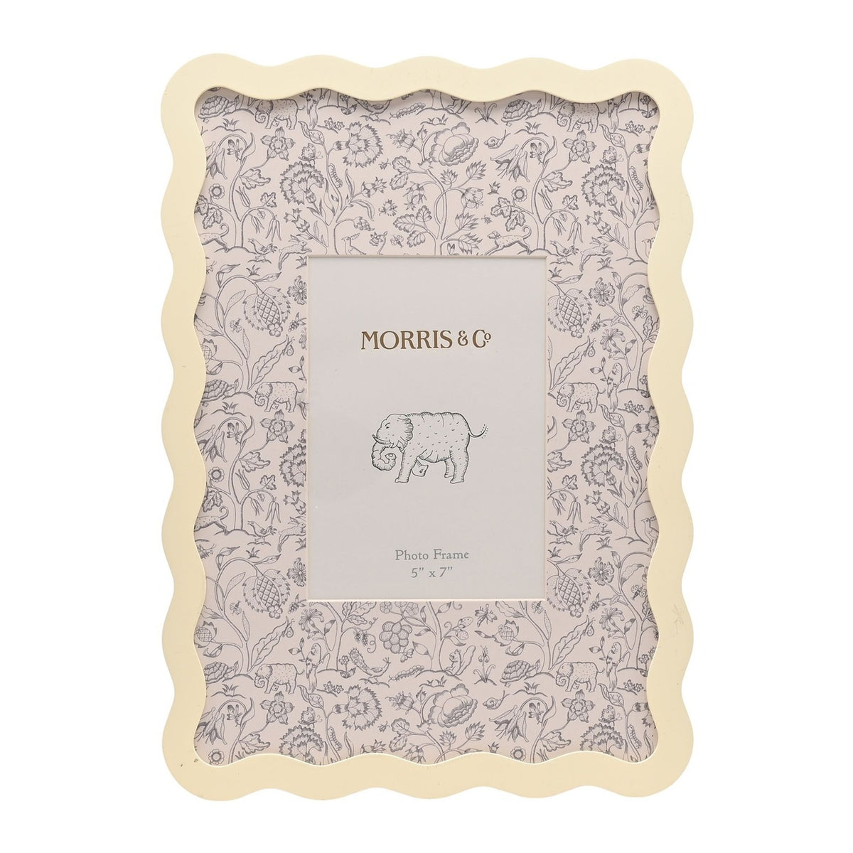 Cream metal photo frame with wavy scalloped border and grey botanical mount featuring floral and animal line drawings around a 5"x7" opening.