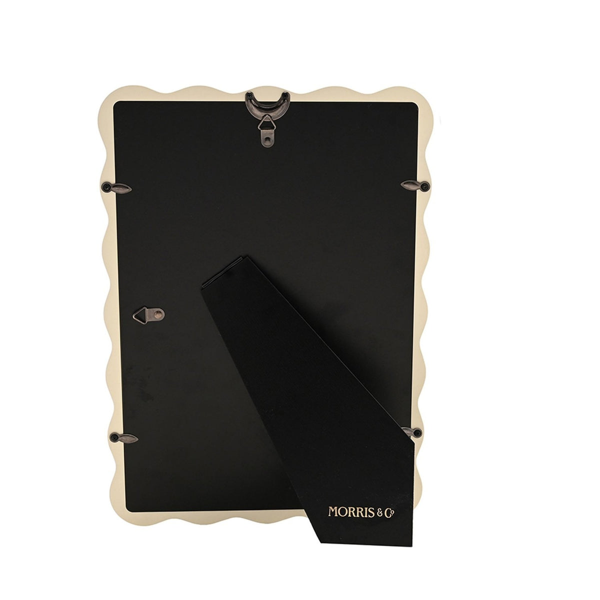 Back view of the Baby Wiggle cream metal photo frame showing the black backing panel, easel stand and hanging hooks on a white background.