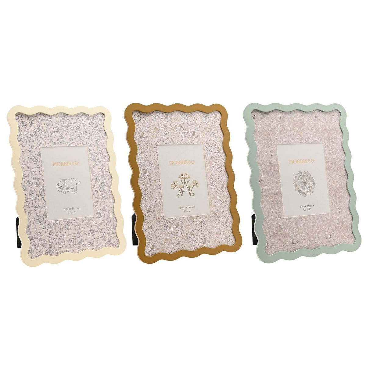 Set of 3 rectangular photo frames with wavy edges in cream, ochre and sage green, each with a patterned inner mat, 7 x 5in, on a white background.