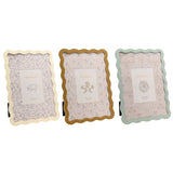 Set of 3 rectangular photo frames with wavy edges in cream, ochre and sage green, each with a patterned inner mat, 7 x 5in, on a white background.