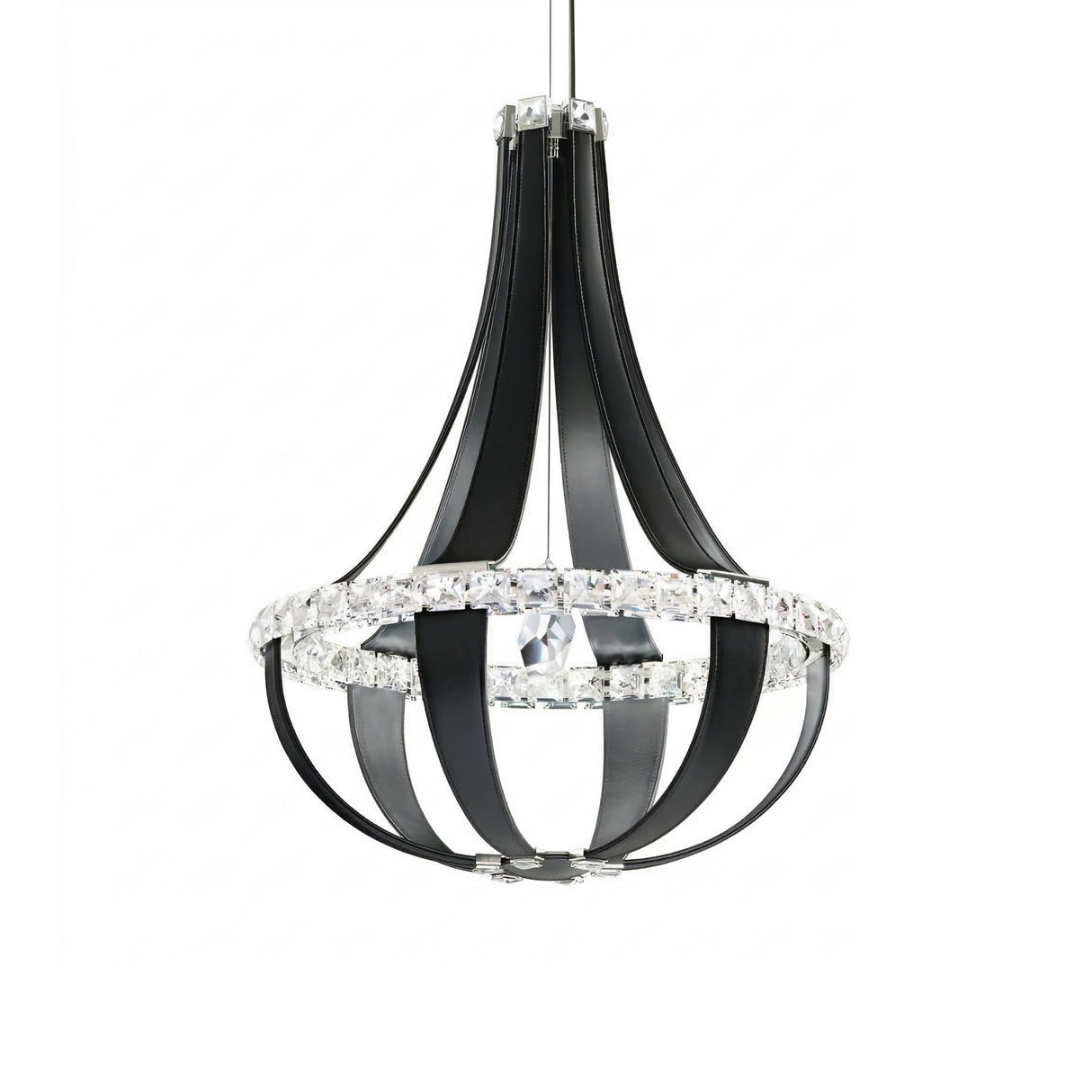 The Tessaro LED K9 Crystal & Leather Medium Chandelier in black features curved bands and a circular design with clear crystal accents, suspended elegantly from the ceiling.