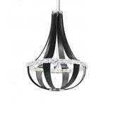 The Tessaro LED K9 Crystal & Leather Medium Chandelier in black features curved bands and a circular design with clear crystal accents, suspended elegantly from the ceiling.
