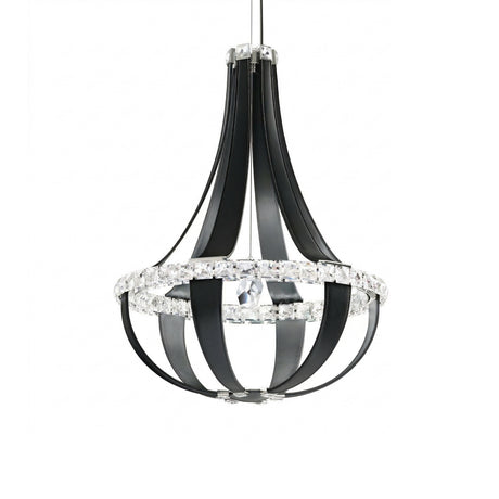 The Tessaro LED K9 Crystal & Leather Medium Chandelier in black features curved bands and a circular design with clear crystal accents, suspended elegantly from the ceiling.