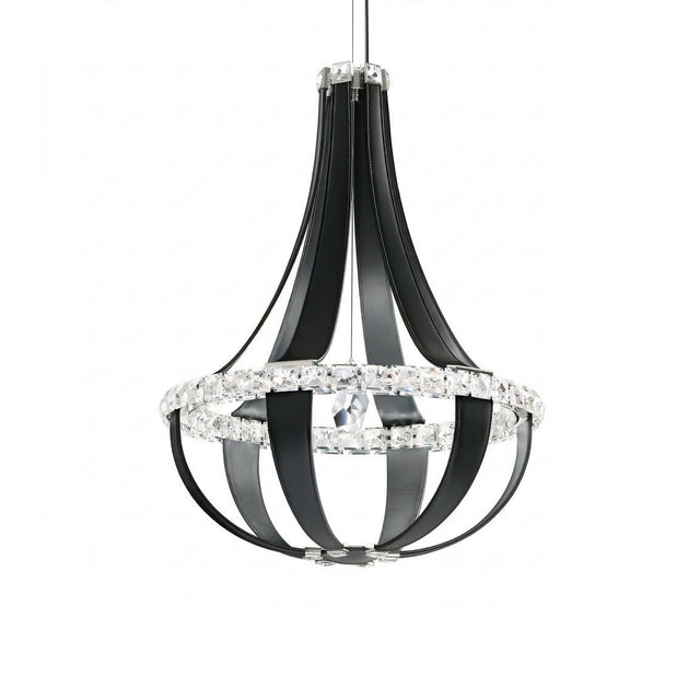 The Tessaro LED K9 Crystal & Leather Medium Chandelier in black features curved bands and a circular design with clear crystal accents, suspended elegantly from the ceiling.